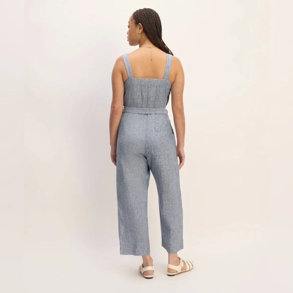 EVERLANE | LINEN STRIPED BELTED SQUARE NECKLINE JUMPSUIT SIZE 0 GRAY WHITE